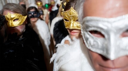 Masquerade ball revelry with gold and silver masks, Venetian opulence, fantasy intrigue, reminiscent of Carnevale di Venezia
