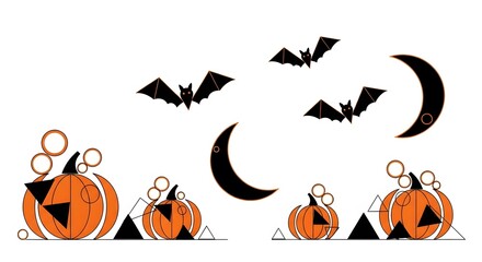 Abstract Geometric Halloween Vector – Pumpkins, Bats, Crescent Moon Minimalist Illustration