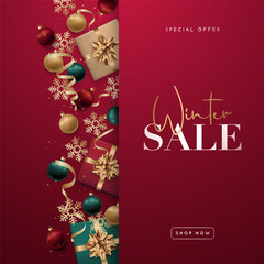Bold red background showcases festive gifts, ornaments, and elegant typography promoting winter sale. 
