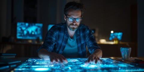 IT specialist working with holographic data screens, neon blue light effects, futuristic workspace, cyber technology theme, focused expression.