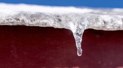 Icicle clings precariously to sunlit roof edge, capturing the fleeting melancholy of winter's thaw and Imbolc's promise