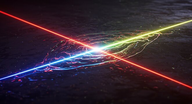 Futuristic concept of energy fusion as three colored light beams, red, blue, and yellow, clash and create a radiant central explosion on a dark surface