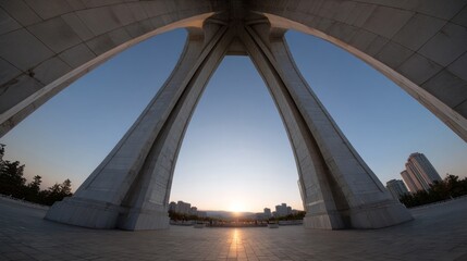 Underneath the towering arches, dawn's first light whispers secrets of hope and harmony, echoing World Architecture Day serenity