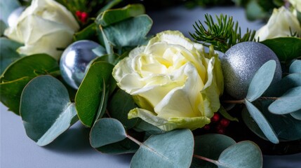 Delicate ivory roses nestle among eucalyptus and shimmering baubles, capturing Yule enchantment and Midsummer fantasia in verdant embrace