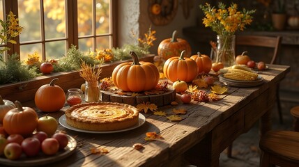 Rustic Autumn Harvest Table with Pumpkins Fruits and Pie Warm Holiday Ambiance