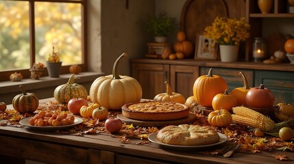 Rustic Autumn Harvest Table with Pumpkins Fruits and Pie Warm Holiday Ambiance