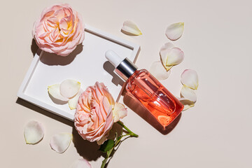 transparent dropper bottle with a natural cosmetic product, rose oil, serum lies among rose buds and petals. top view. Organic face , body skin care.