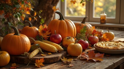 Rustic Autumn Harvest Table with Pumpkins Fruits and Pie Warm Holiday Ambiance