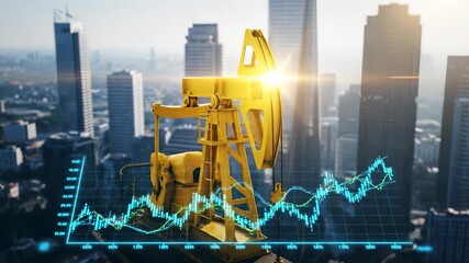 Oil pumpjack over city skyline. Yellow pumpjack above urban highrise. Energy industry shown with oil infrastructure. Finance investment displayed as holographic graph with technology overlay. Trends. - Powered by Adobe