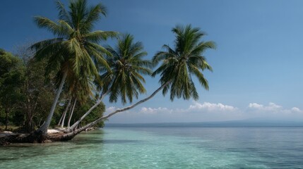 Fototapeta premium Secluded tropical paradise with leaning palms, crystalline waters shimmer, invoking World Oceans Day and natures quiet serenity