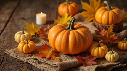 Autumn Pumpkin and Gourds Still Life with Candlelight Festive Harvest Scene