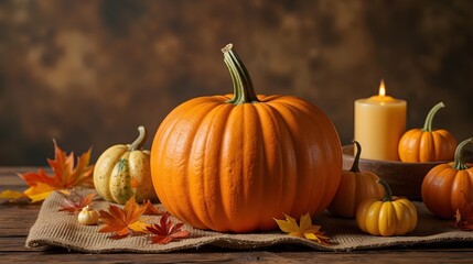 Autumn Pumpkin and Gourds Still Life with Candlelight Festive Harvest Scene