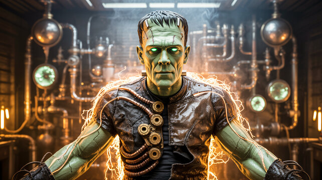 Frankenstein monster reimagined with steampunk gears, brass textures, smoke, and glowing energy tubes, Halloween background theme, haunted ghost