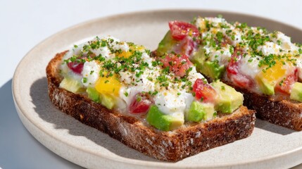 Two rustic avocado bruschettas glimmer in sunlight, embodying vibrant Sukkot feasting, spring equinox brunch vibes, palate-pleasing essence