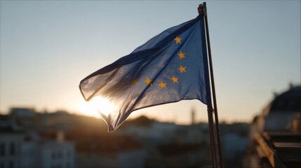 Sunlit European flag waving proudly, symbolizing unity and diversity for Europe Day and International Human Solidarity Day