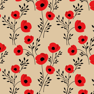 Seamless Pattern of Red Poppies and Delicate Foliage on a Beige Background