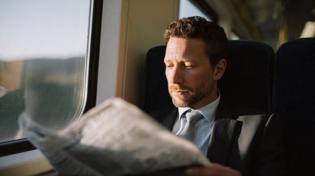 A contemplative Caucasian man in a suit reads a newspaper on a sunlit train, embodying urbane solitude and World Book Day reflections