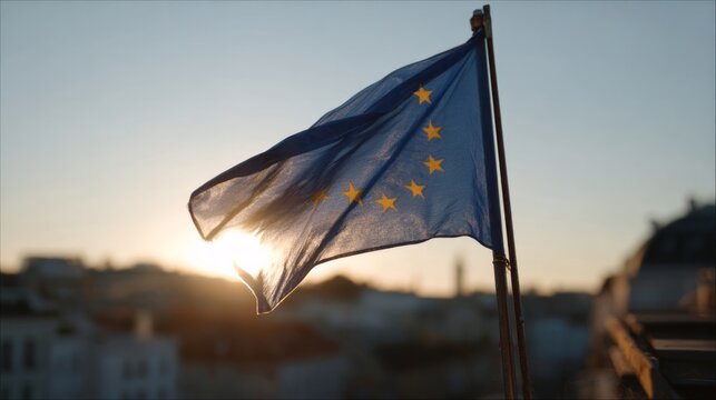 Sunlit European flag waving proudly, symbolizing unity and diversity for Europe Day and International Human Solidarity Day - Powered by Adobe