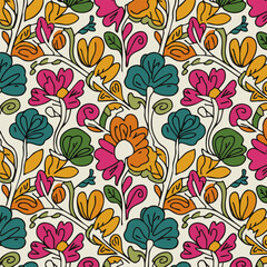 Vibrant Floral Pattern with Artistic Hand-Drawn Flowers and Leaves for Seamless Design