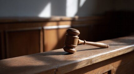 Regal wooden gavel rests solemnly in courthouse shadows, invoking Justice Week, Law Day, solemnity echoing through hallowed chambers