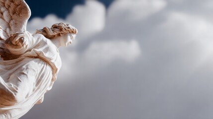 Majestic marble angel in celestial ascent, embodying ethereal serenity, All Saints' Day reflection, divine guardian craftsmanship in clouds