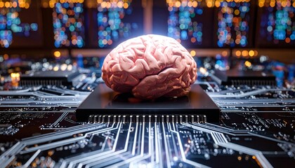 Generated image. The human brain is connected in a chipset. Illustration for artifficial intellegence