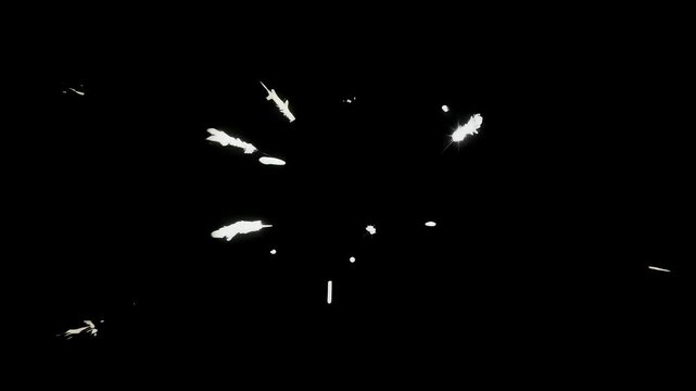 White splatters and shapes on black. Abstract art resembling exploding light, or particles