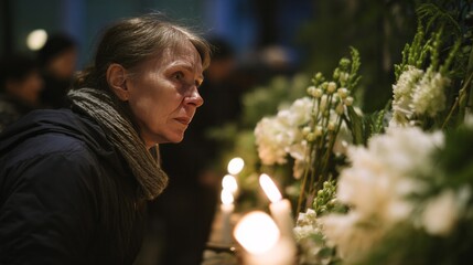 A contemplative Caucasian woman gazes at flickering candlelight and white carnations, evoking All Souls' Day and Higan reflection