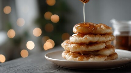 A luscious cascade of honey envelops a fluffy pancake tower, evoking cozy Sunday brunch, Pancake Day indulgence