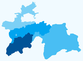 Map of Tajikistan with regions. Just a simple country border map with region division. Light blue color palette. Blank Tajikistan shape with administrative division. Vector illustration.