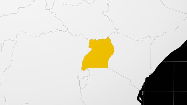 Uganda map. Animated zoom into the country on the Globe in Black White color palette. Country logo animation. Map with meridians, parallels. Appealing video.