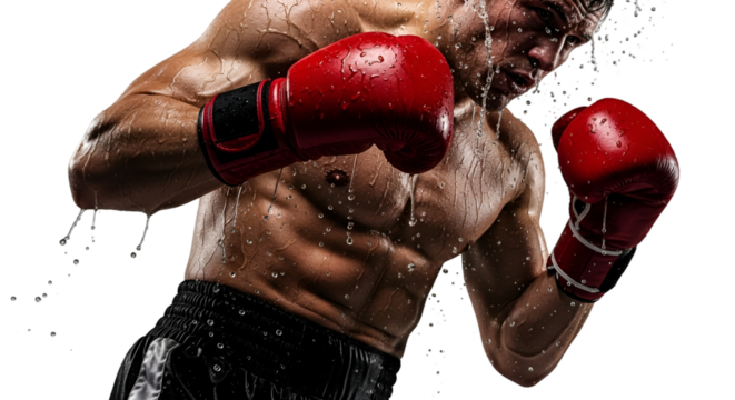 Sweaty Boxer in Red Gloves with Water Splashes