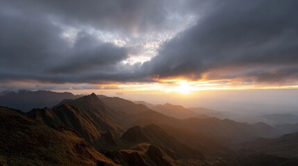Majestic sunrise illuminates misty mountain peaks, invoking mystical Beltane dawn, hidden tales whisper through ancient crevices, ethereal landscape
