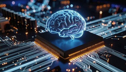 Generated image. The human brain is connected in a chipset. Illustration for artifficial intellegence