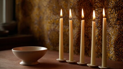 Serene candlelit setting with minimalistic bowl, whispering tales of Hygge, Diwali glow, and quiet mindfulness rituals