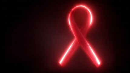Neon red ribbon glowing in the abyss, symbolic for World AIDS Day, embodying resilience, awareness, and compassionate unity