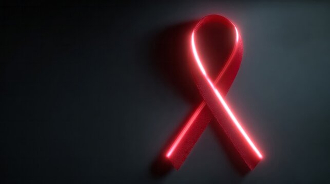 Glowing red ribbon symbolizing World AIDS Day, vibrant unity gesture, health awareness sign illuminating shadowed resilience