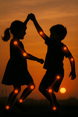 Kids Dancing Silhouette with Highlighted Joints Illustration