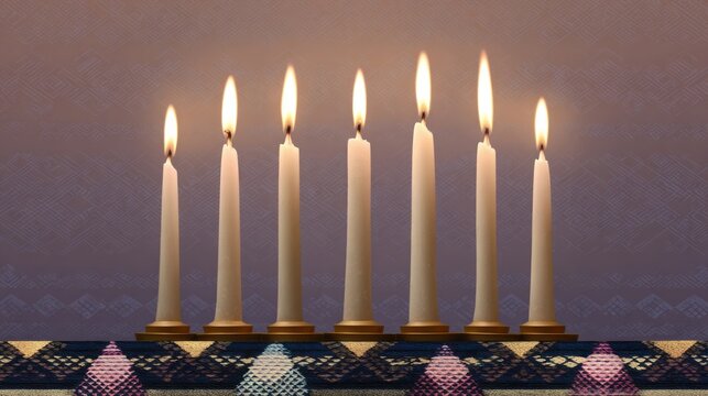 Luminous candles flicker on festive quilted altar, evoking Hanukkah warmth and universal contemplation of light over darkness