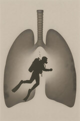 Scuba Diver Silhouette Inside Lung Shape Illustration