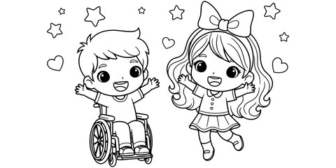 Inclusive Children Feeling Happy Black and White Line Art