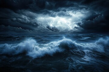 Dark stormy sky over a vast ocean, lightning illuminating the turbulent waves, epic dramatic scenery
