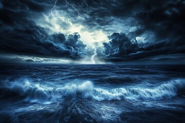 Dark stormy sky over a vast ocean, lightning illuminating the turbulent waves, epic dramatic scenery