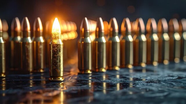 A glowing golden bullet stands out among many others on a reflective dark surface with bokeh lights