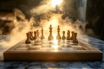 Elegant wooden chessboard on a marble table, soft white mist floating above, warm golden sunlight shining through