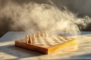 Elegant wooden chessboard on a marble table, soft white mist floating above, warm golden sunlight shining through