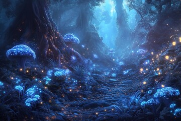 Enchanted forest with bioluminescent plants, glowing mushrooms, ethereal mist floating above the ground, mystical atmosphere
