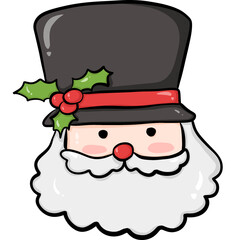 Adorable cartoon Santa Claus wearing a tall black top hat decorated with holly leaves and red berries. Perfect for Christmas cards, festive decorations, stickers, and holiday designs.