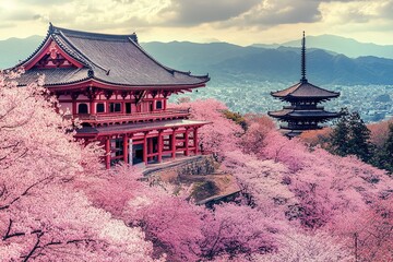 Cherry blossom trees in full bloom in Kyoto, Japan, traditional wooden temples in the background, soft pink hues