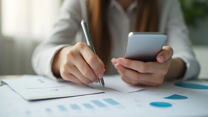 Professional businessperson analyzing data, taking notes with a pen while using a smartphone beside financial charts and reports on a work desk